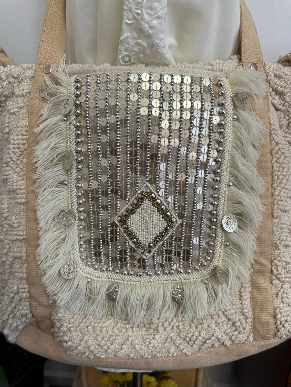 Boho Sequin Fringe Tote Bag - Beige Women’s Shoulder Tote